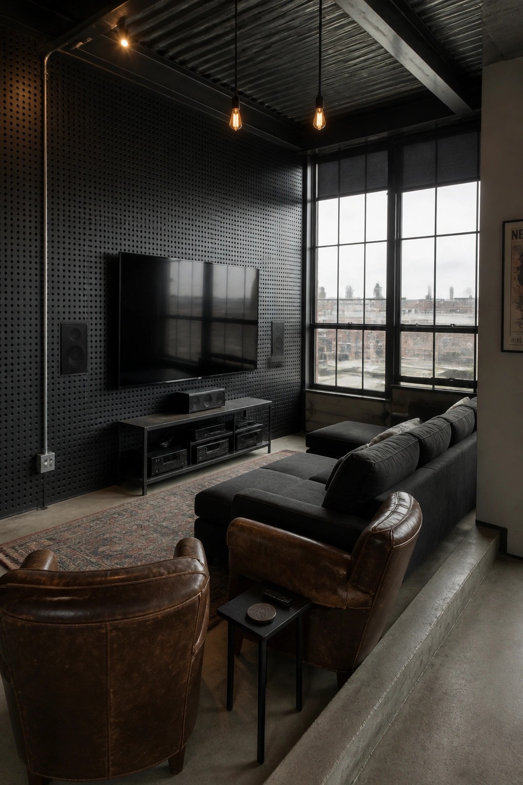 A home theater room with a large TV mounted on a black perforated acoustic wall, dark sectional sofa, brown leather chairs, and large industrial windows.