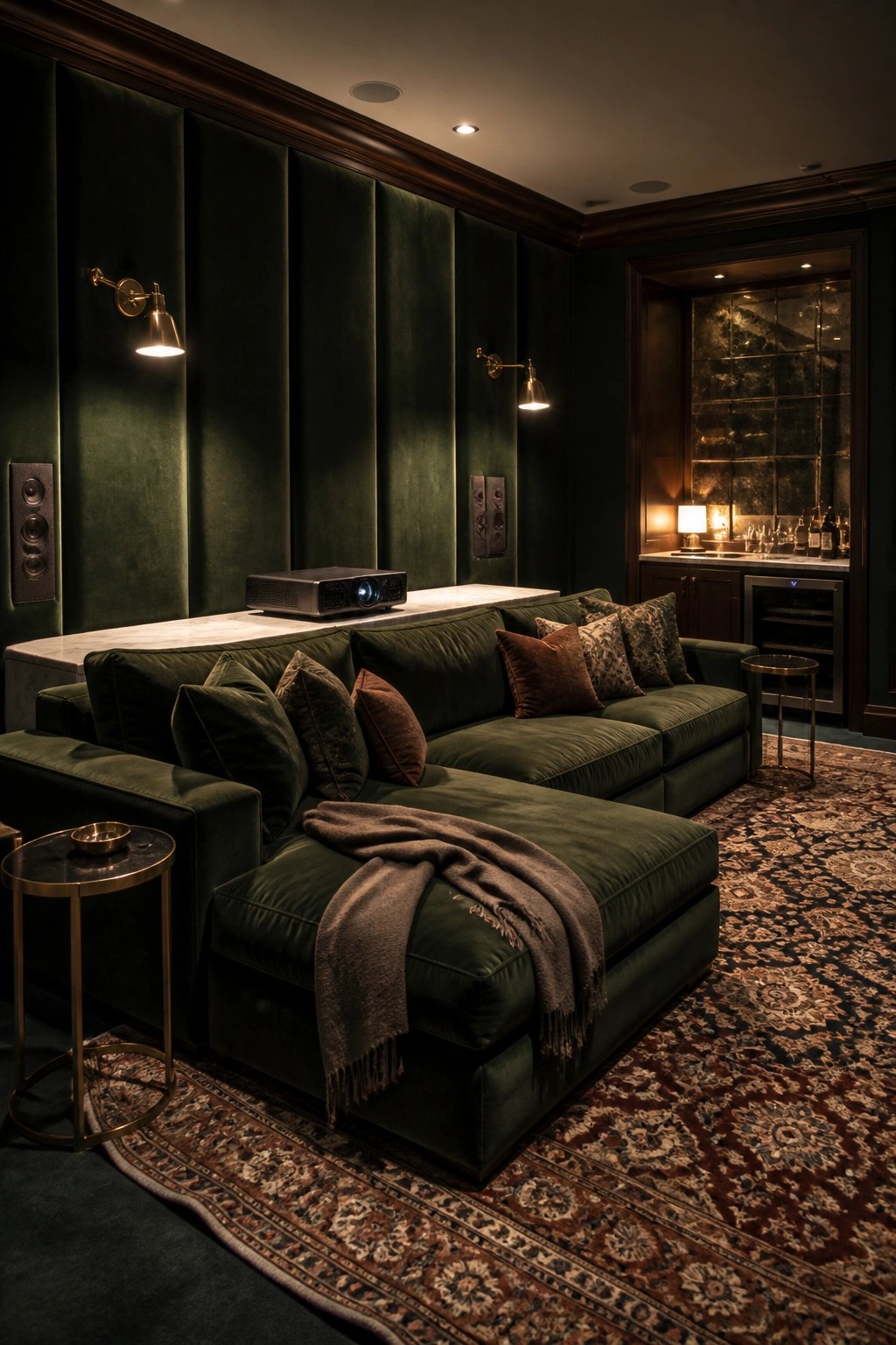 A home theater interior with full walls covered in dark green fabric acoustic panels, a large sectional sofa, a projector on a ledge, and a bar area in the background.