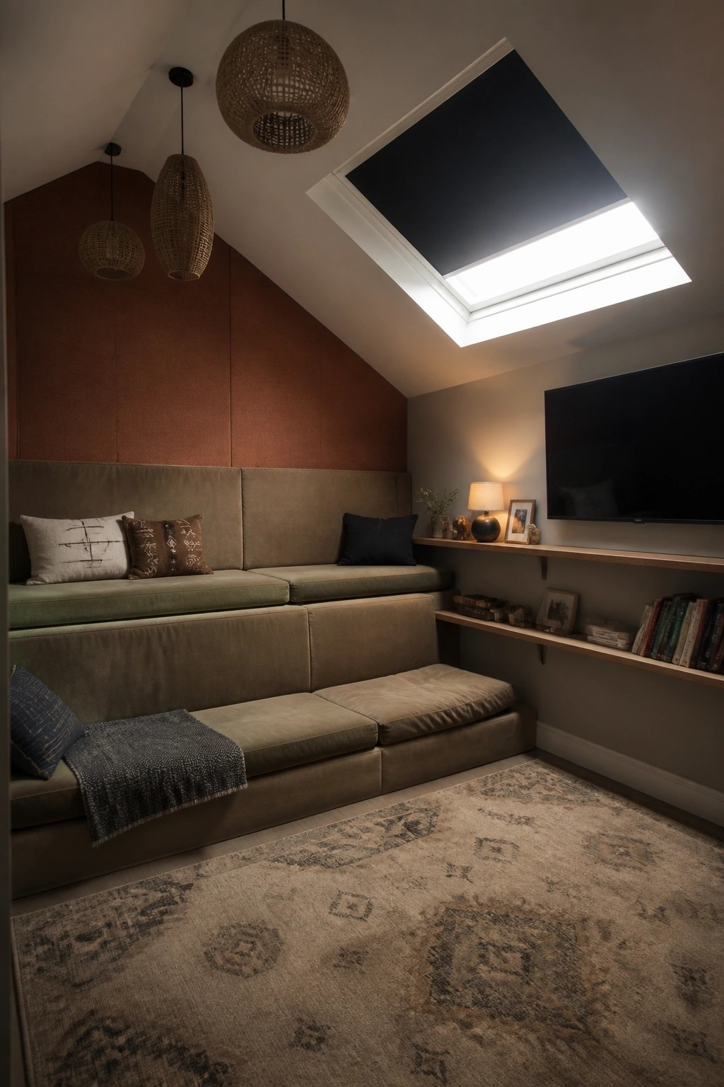 Cozy attic nook with built-in green sofas, skylight, woven pendants, TV, and rug.