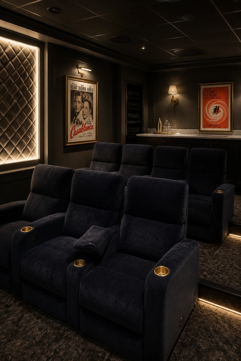 Dark blue velvet recliners in a luxurious home theater with classic movie posters.