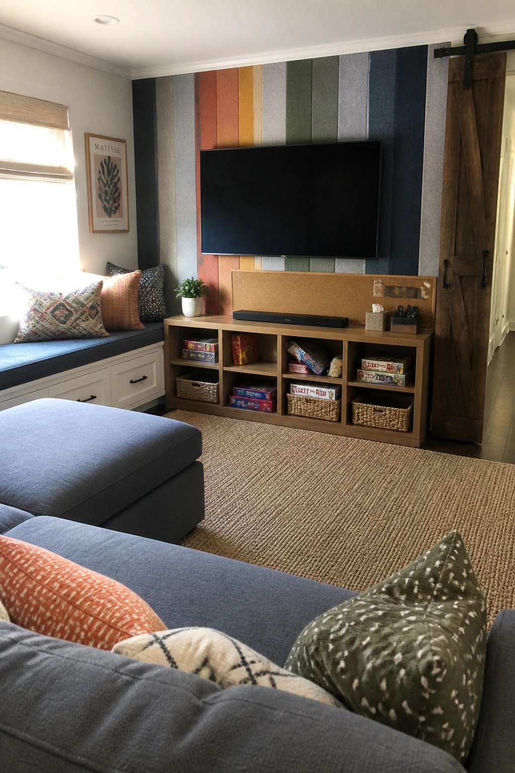 A living room featuring a television mounted on a multicolored vertically striped accent wall above a wooden media console with books and storage baskets.
