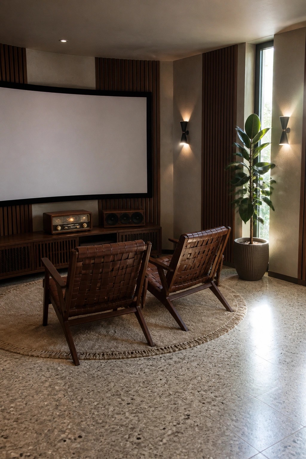 A home theater room with a large screen on a wall covered in vertical wood slats, two woven leather chairs on a round rug, and a potted plant near the window.
