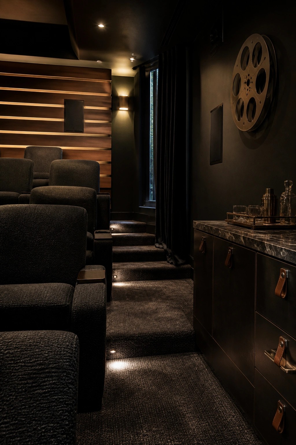 A home theater interior showing rows of dark upholstered seats, carpeted steps with recessed lighting, and a wood slat accent wall with an inset panel.