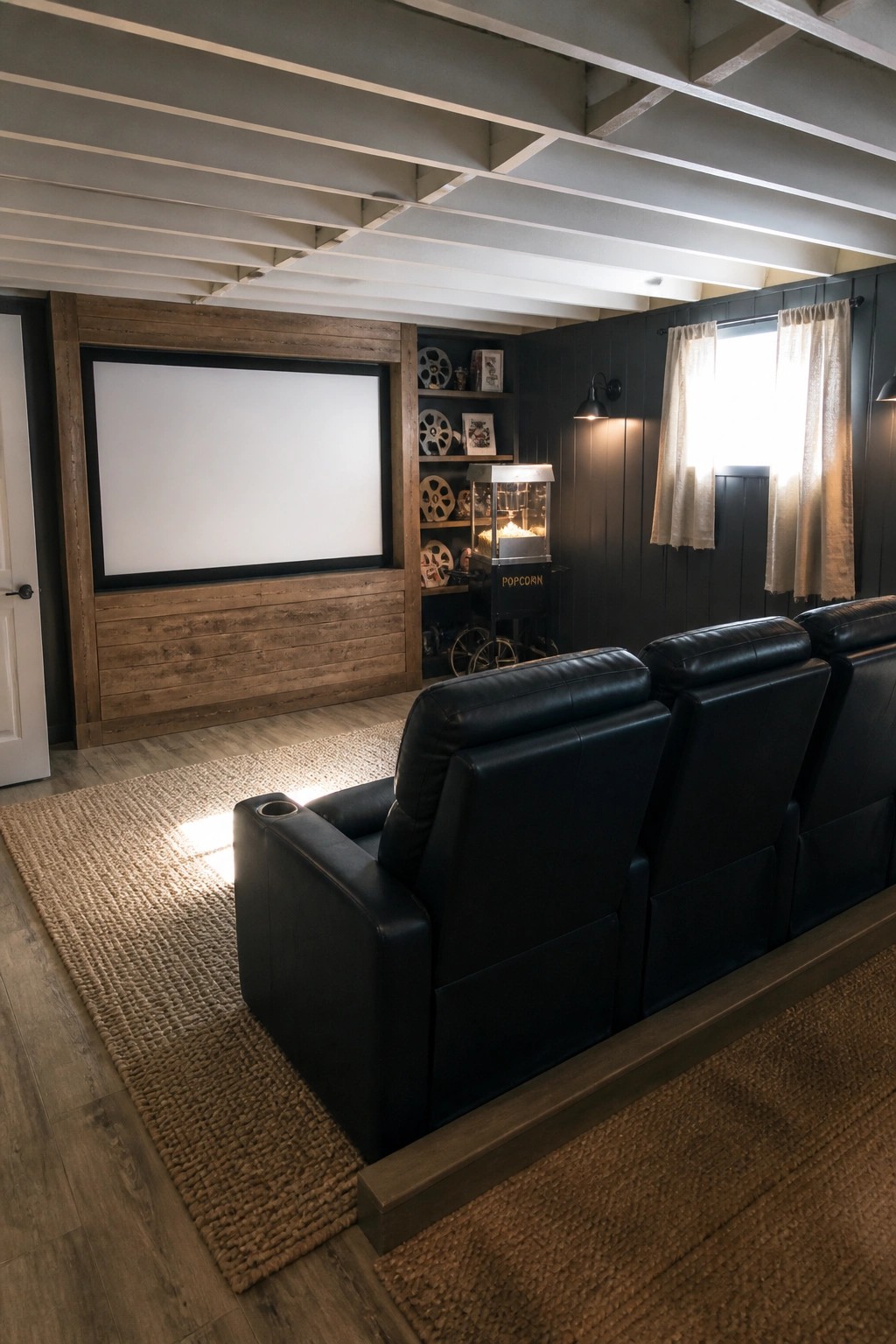 Black leather recliners in rustic home theater with projection screen and popcorn machine.