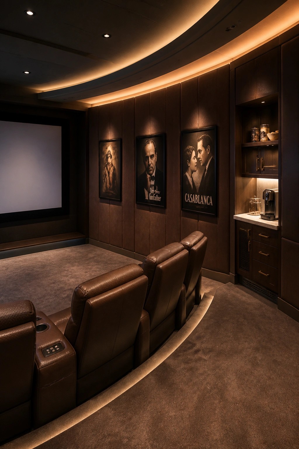 Luxurious home theater with brown leather recliners, movie posters on wood-paneled walls.