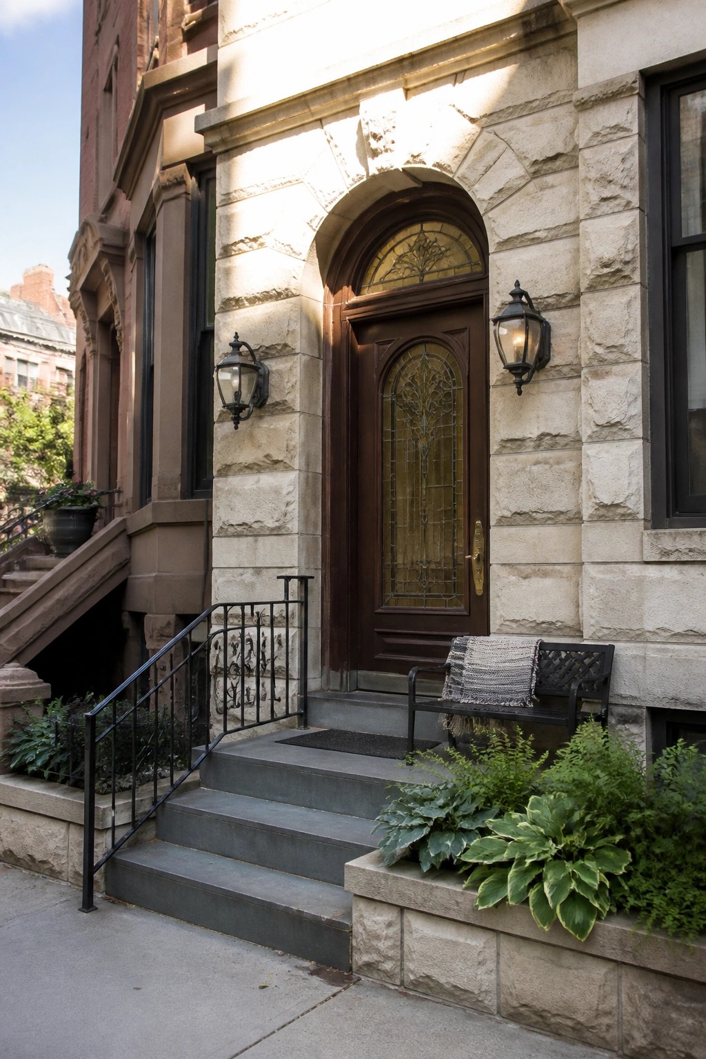A stone house front entrance featuring a dark wooden door with an arched top and stained glass insert, set within a matching stone archway and flanked by two wall lanterns.