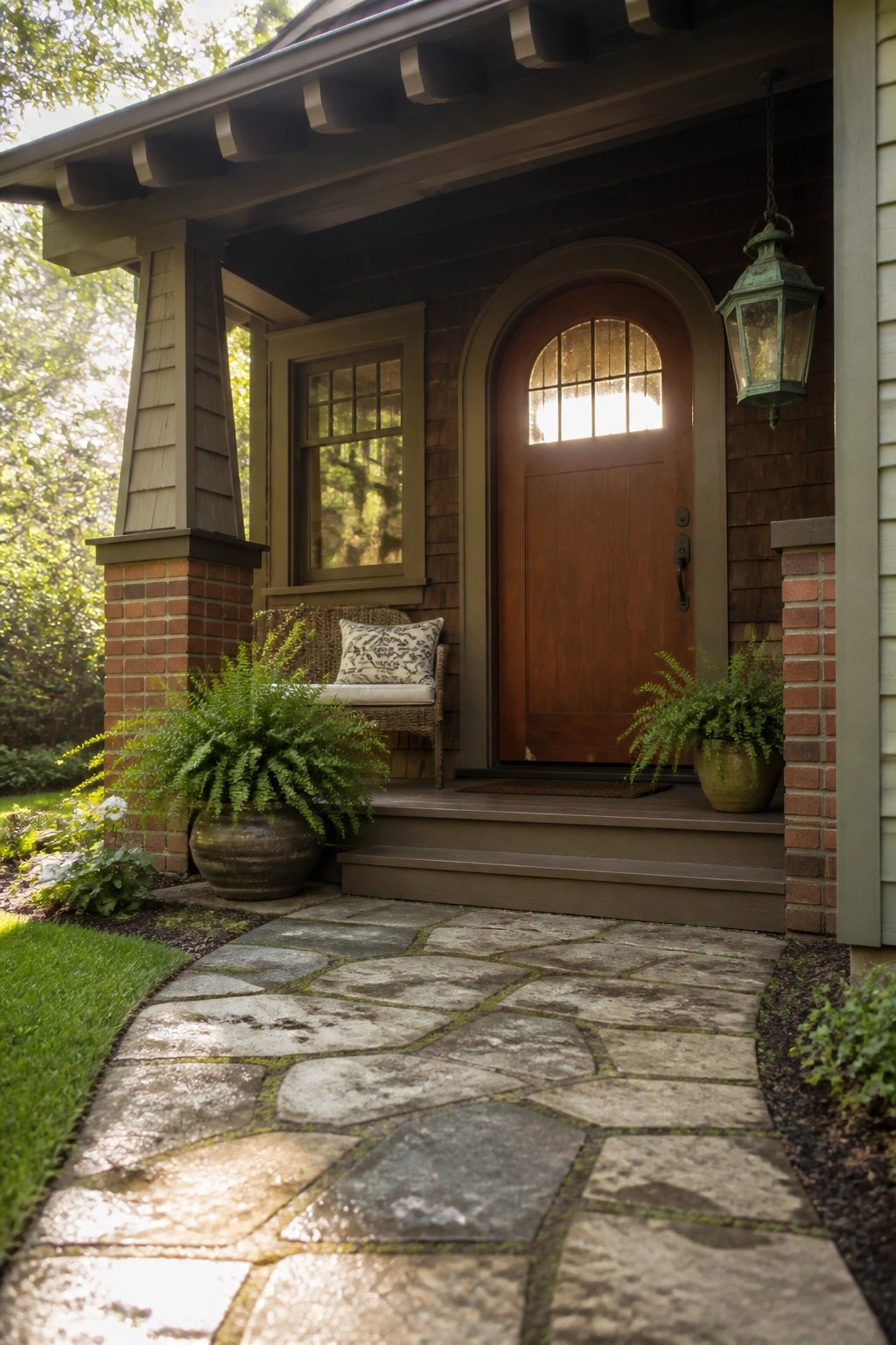A front entrance with a brown arched wooden door in a gray frame, stone steps, a flagstone path, and potted ferns beside the porch.