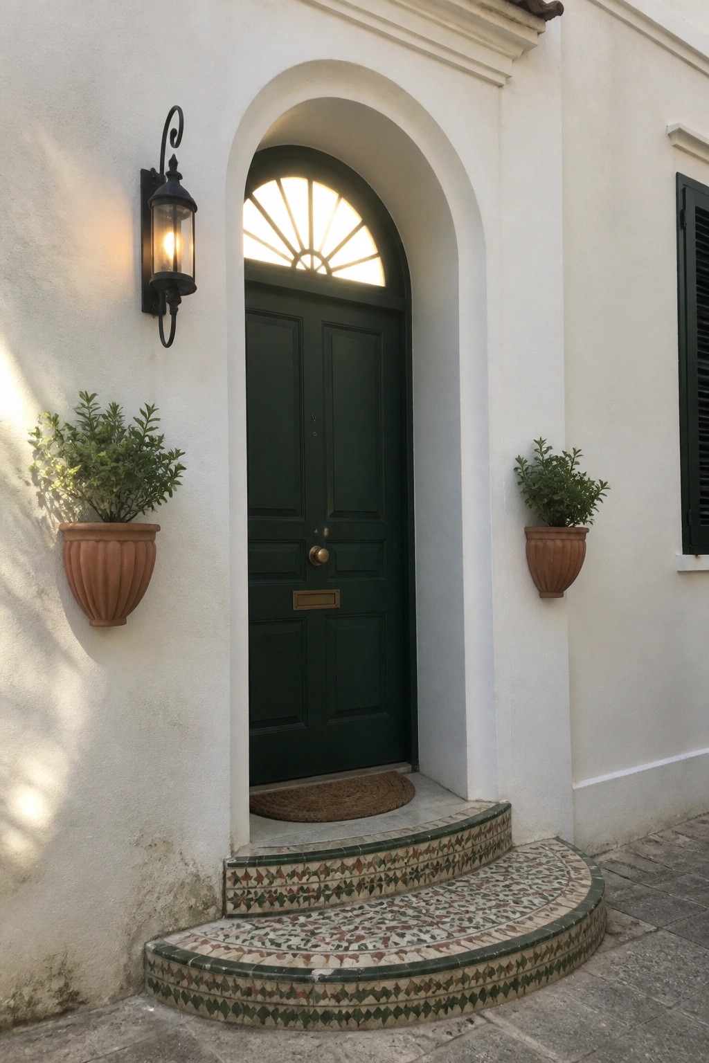 A dark green paneled door centered under a white arched frame, with tiled steps leading up and potted plants on either side.