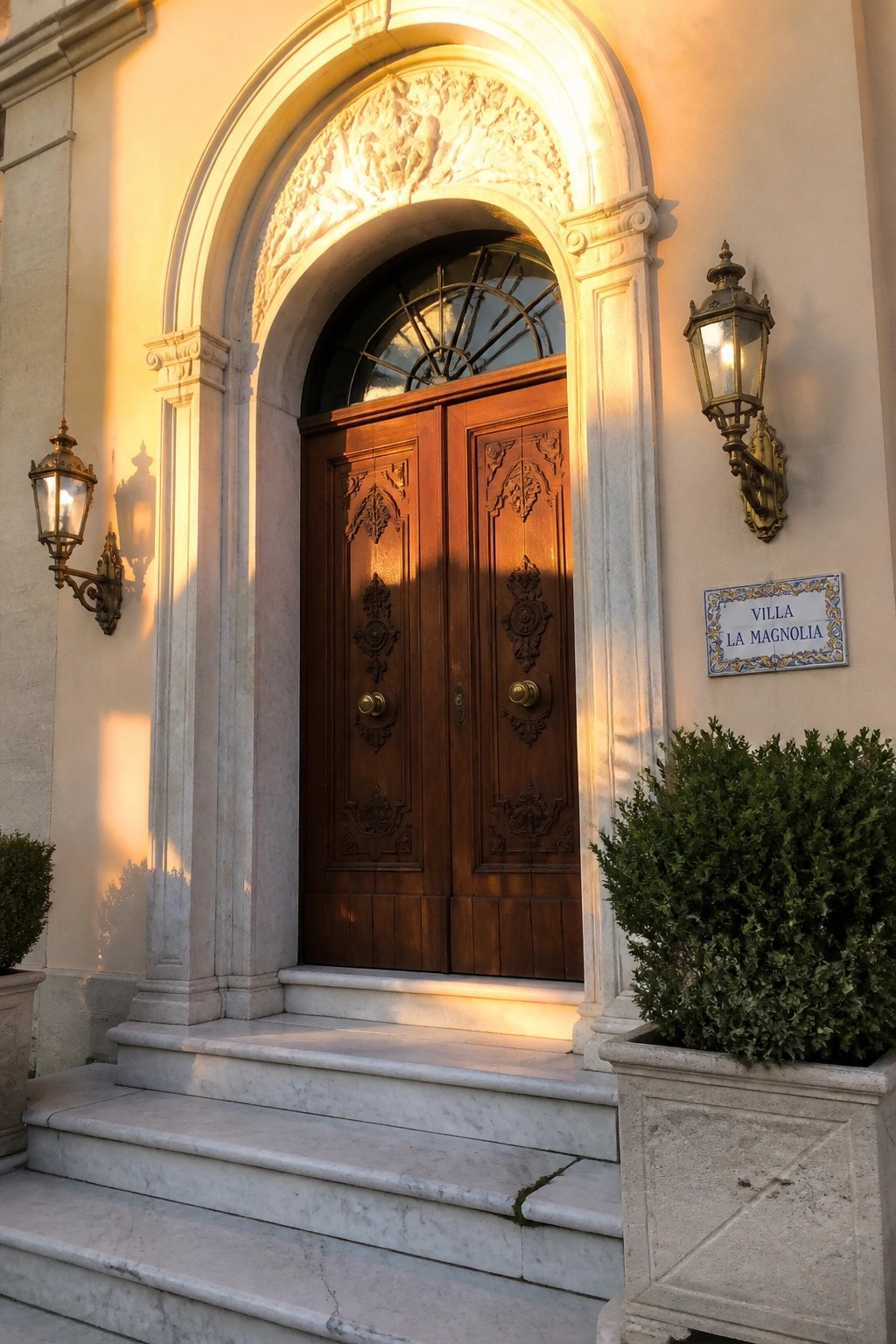Double wooden doors beneath a carved stone arch, flanked by wall lanterns and marble steps.