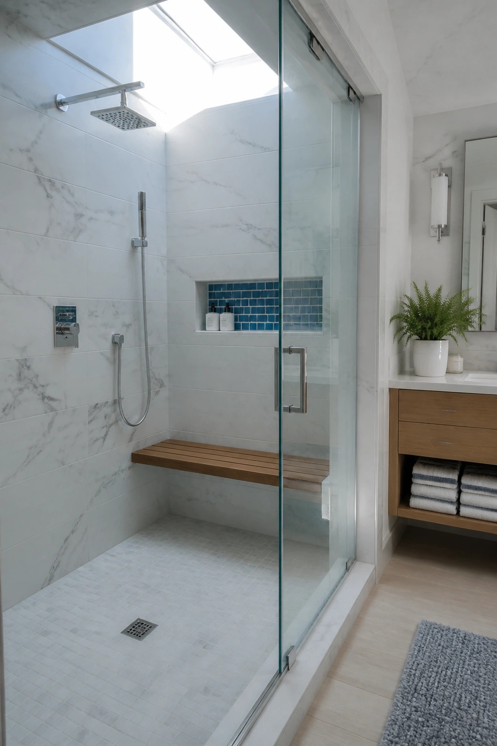 Modern marble shower with glass door, wooden bench, blue niche, and skylight.