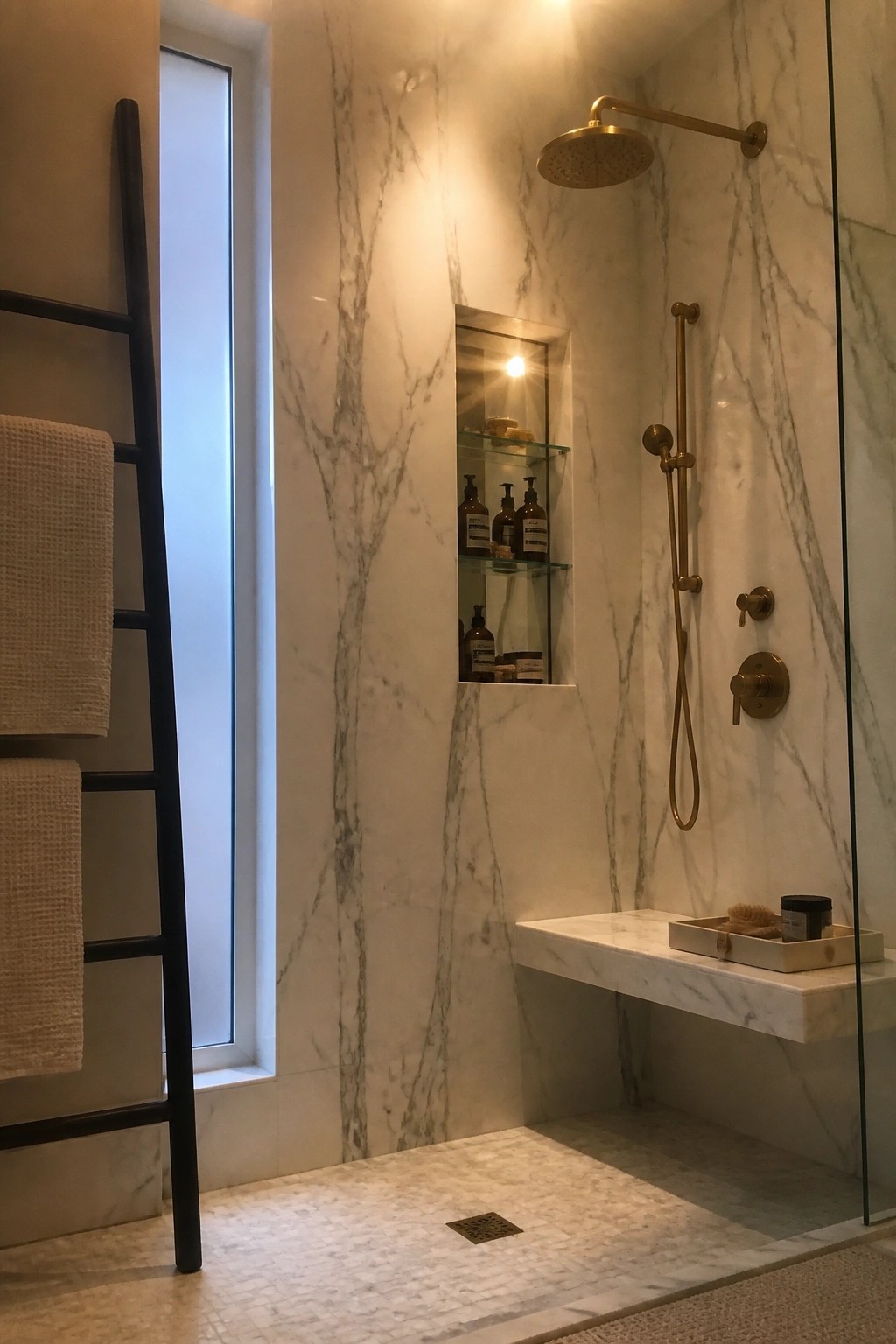 A modern shower with white marble walls and floor, a recessed niche holding bottles, a floating marble bench, and brass shower fixtures.