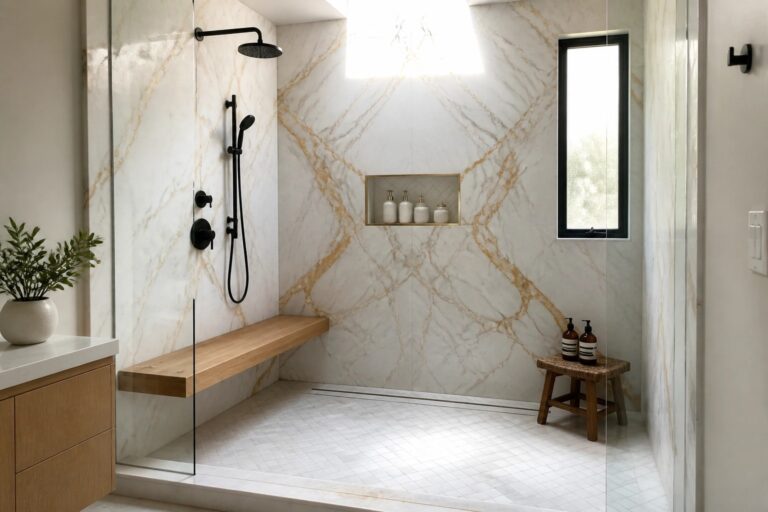 19 Elegant Luxury Shower Ideas Built Around Floor-to-Ceiling Marble A shower with floor-to-ceiling white marble walls, a floating wooden bench, black fixtures, a skylight, and a glass door.