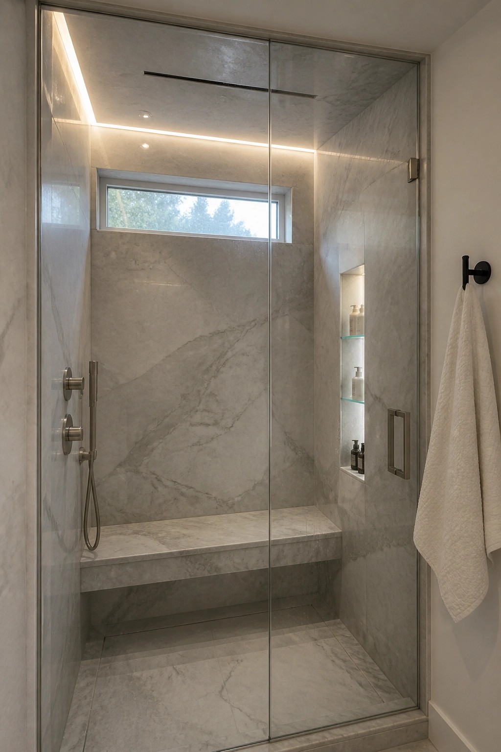 A glass-enclosed shower with white marble on all walls, floor, and built-in bench, including a small window and recessed shelves.