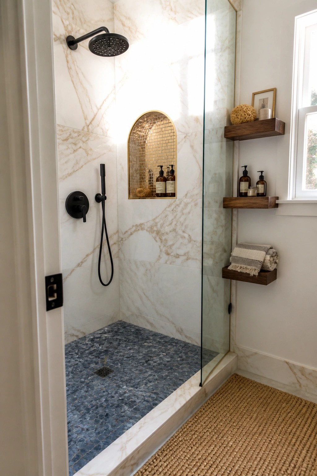Modern marble shower with black fixtures, pebble floor, arched niche, and wooden shelves.