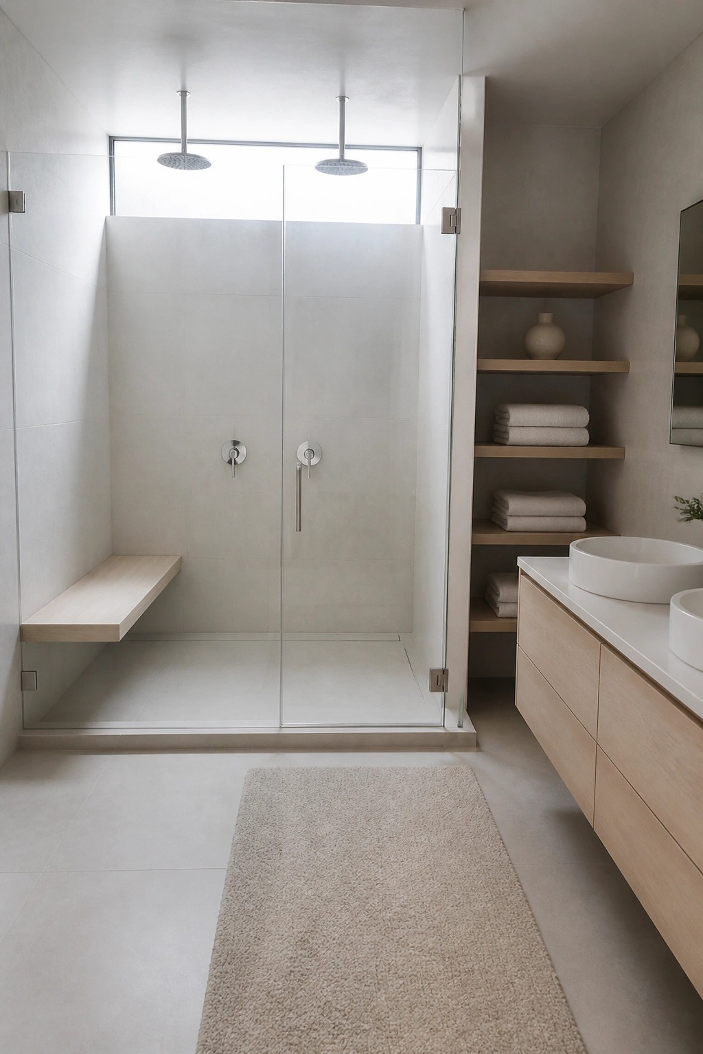 A minimalist bathroom with a large glass double shower containing two overhead showerheads, separate controls, and a built-in bench, beside a light wood vanity with two vessel sinks.