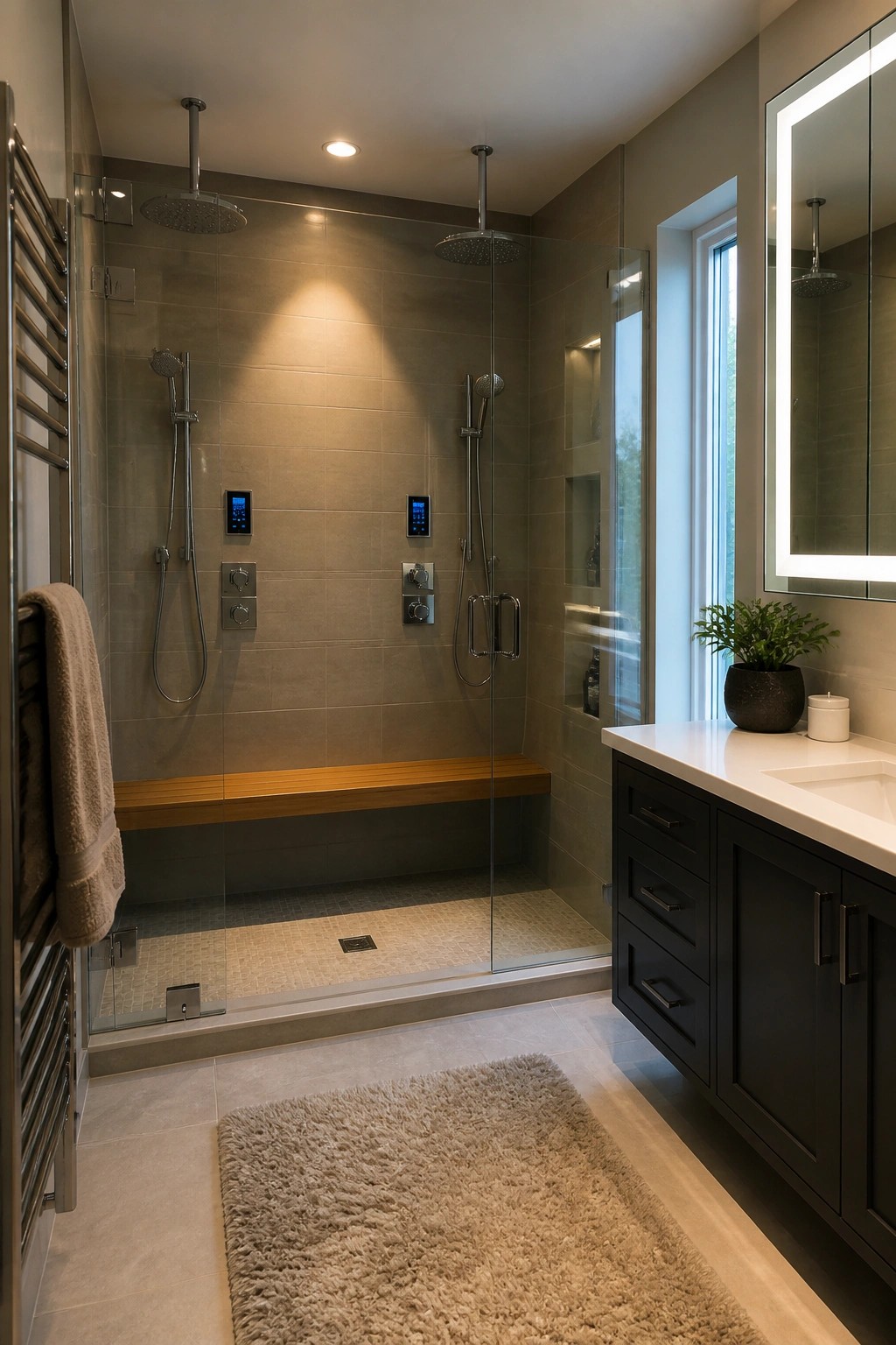 Large glass-enclosed double shower with two rainfall heads, handheld showers, digital controls, wooden bench, and adjacent dark vanity with white sink.