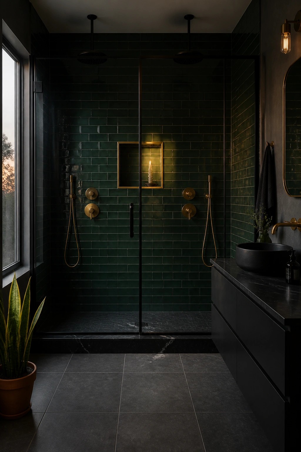 A double shower with dark green tile walls, two rainfall showerheads, separate handheld wands, brass controls on each side, and a glass partition in the center.
