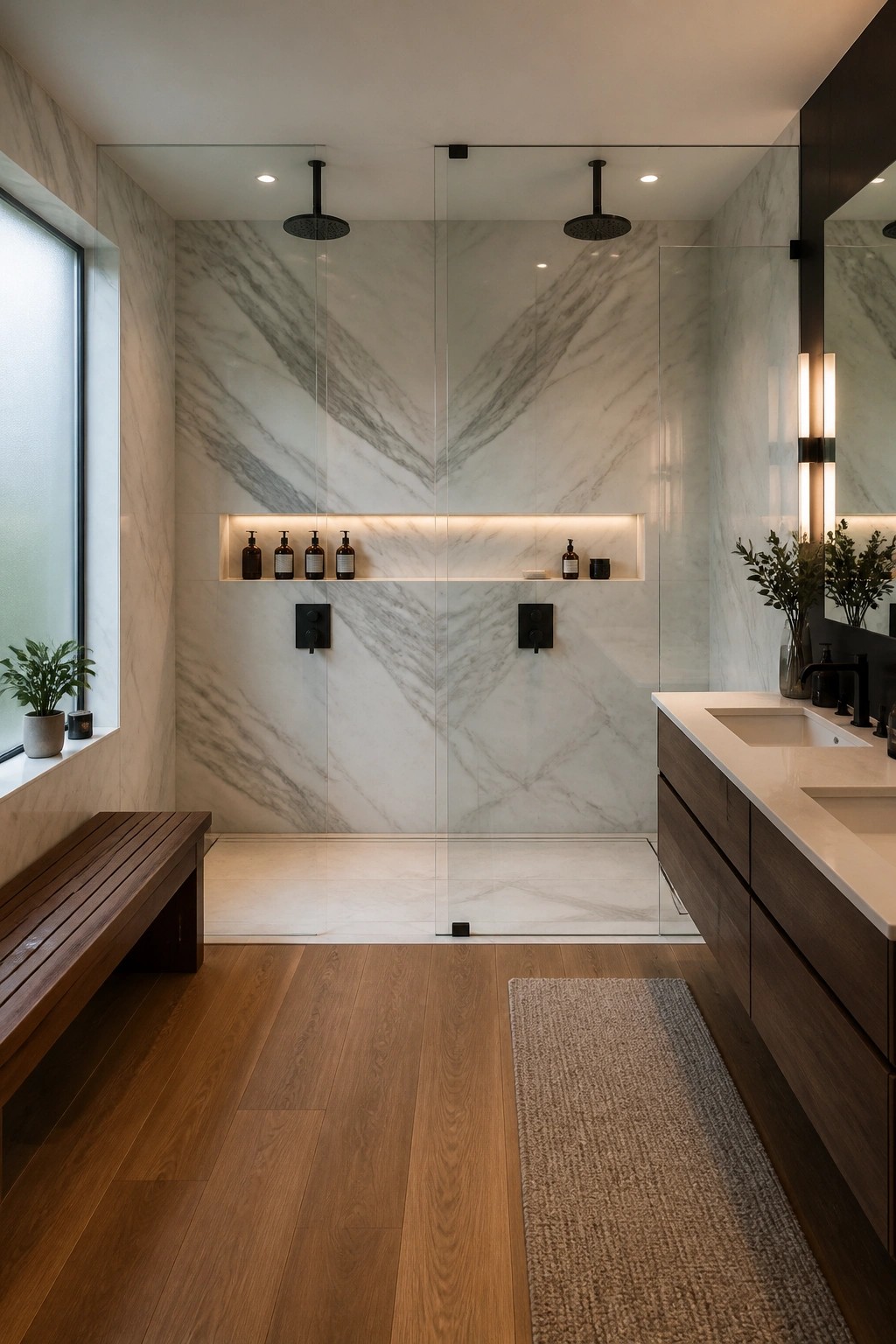 Modern marble bathroom with glass shower, wooden bench, vanity, and hardwood floors