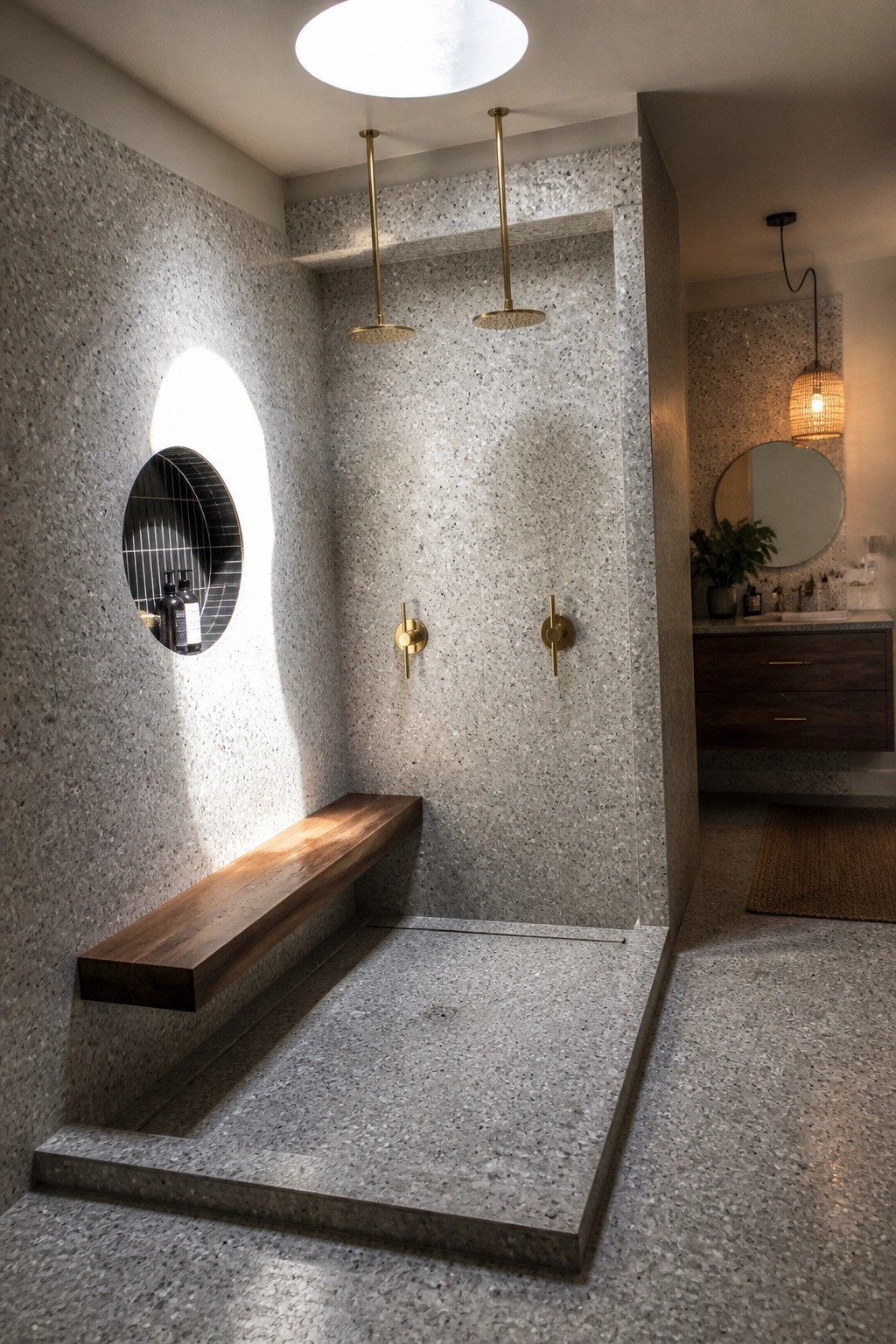 A terrazzo-tiled double shower with two brass pendant showerheads, separate wall-mounted controls, a floating wood bench, and a circular niche holding bottles.