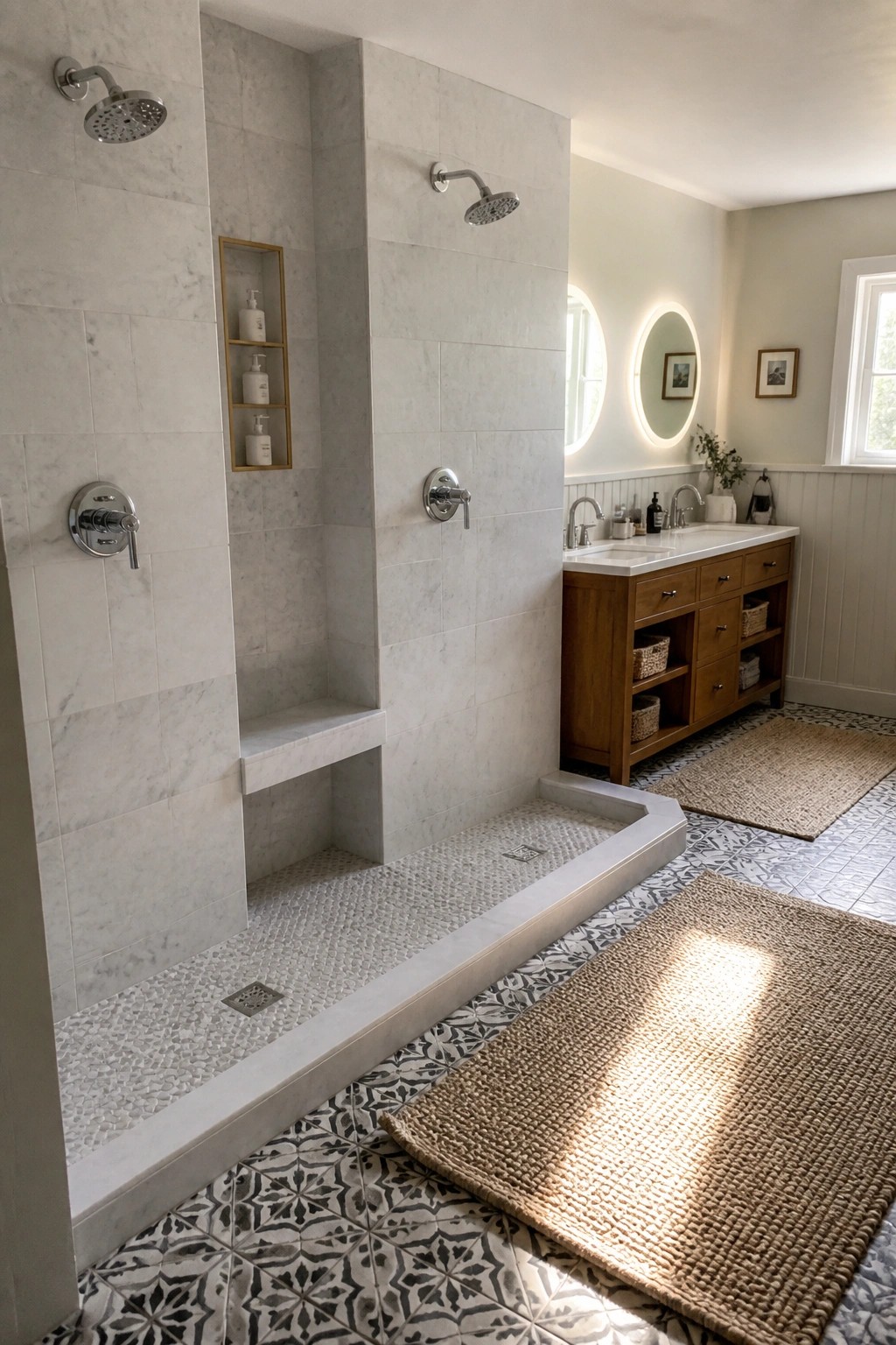 A large marble-tiled double shower with two rainfall heads, separate wall controls, a built-in bench, and a recessed niche, next to a wood vanity with two sinks.