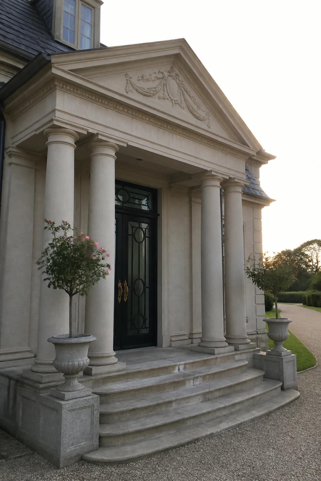 A classical stone portico with four columns and a carved pediment frames a black double door, with wide steps and two potted trees at the base.