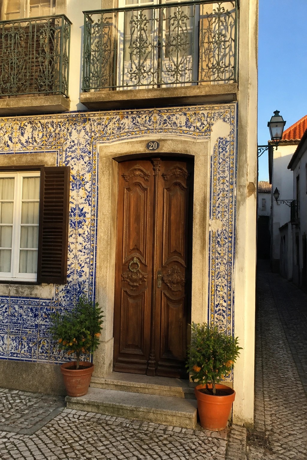 A pair of ornate wooden double doors with carvings is centered in a blue and yellow tiled facade, flanked by two potted citrus trees on a cobblestone street.