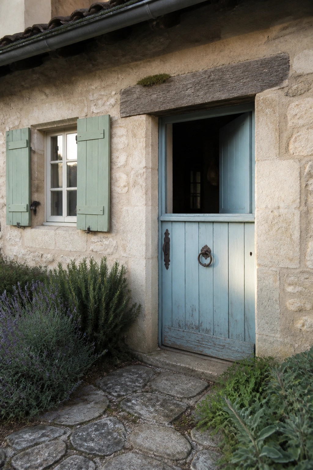 Rustic stone wall with open light blue door, green shutters, and cobblestone path with lavender.