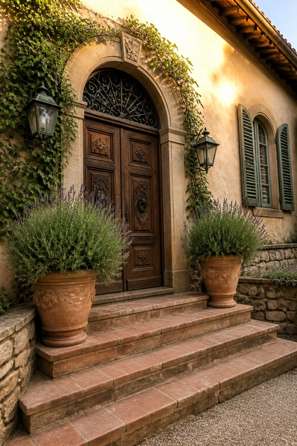 A pair of ornately carved dark wood double doors set under a stone arch with climbing vines, flanked by two large terracotta pots on brick steps.