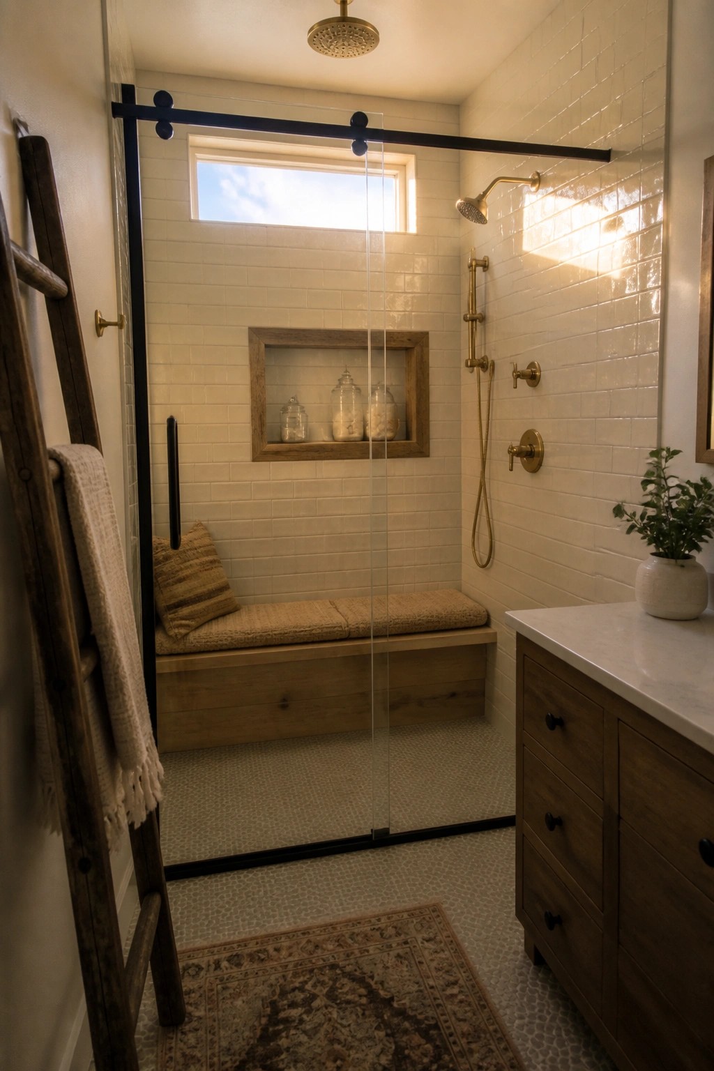 A walk-in shower with white subway tile, brass rainfall showerhead, glass door, and a wooden built-in bench with a cushion.
