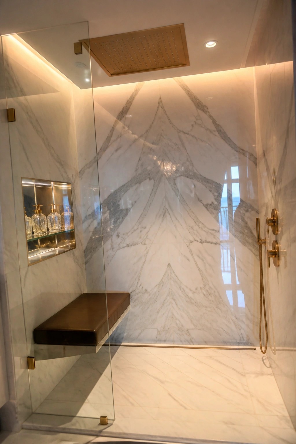 A luxury shower with white marble walls and floor, a large square rainfall showerhead, a floating brown bench, a recessed niche with bottles, and a glass door.