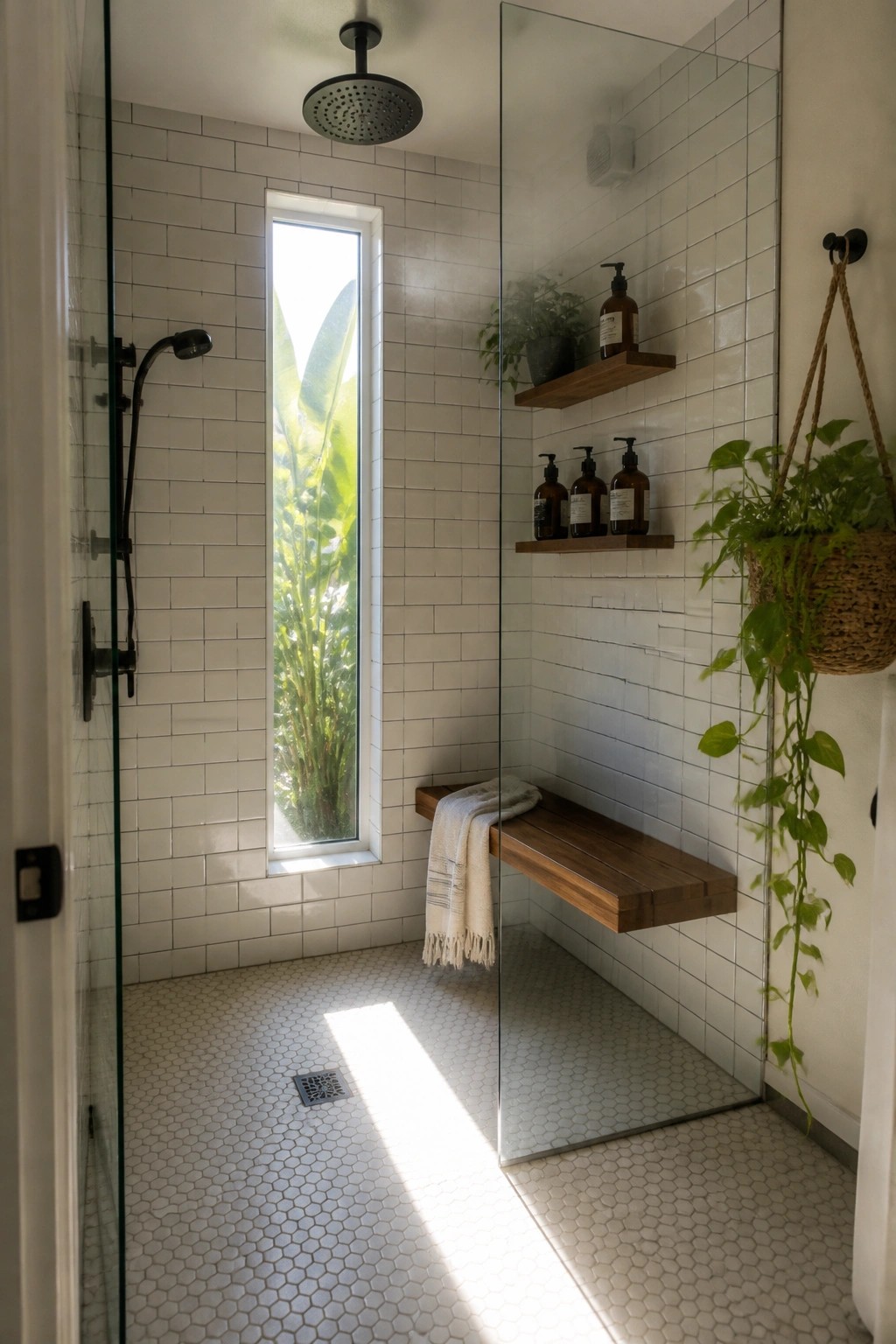 A modern walk-in shower with white subway tiles, a rainfall showerhead, a floating wooden bench, and a tall window.