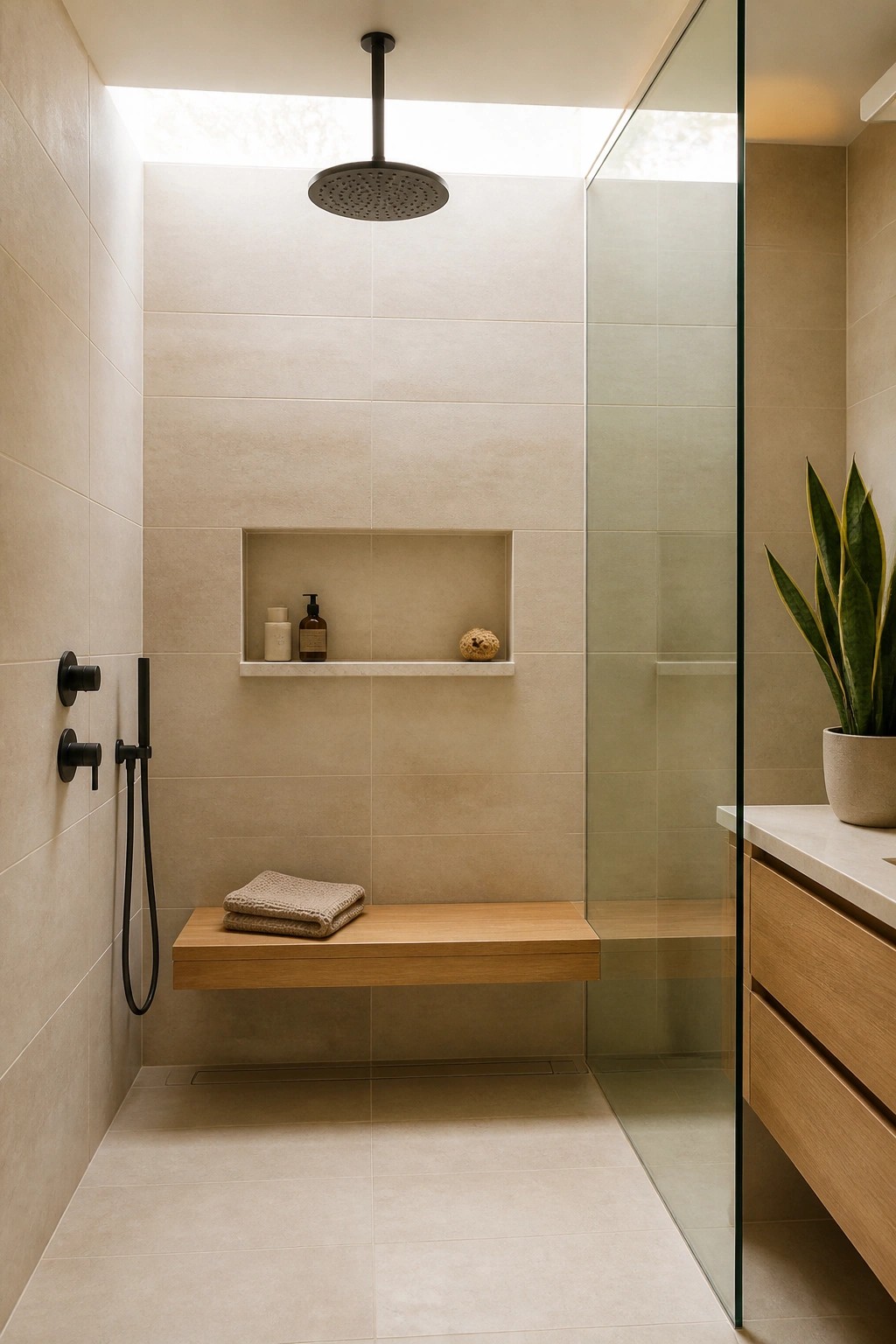 A modern shower interior with beige tiled walls, a black rainfall showerhead, a recessed niche shelf, and a wooden bench holding folded towels.