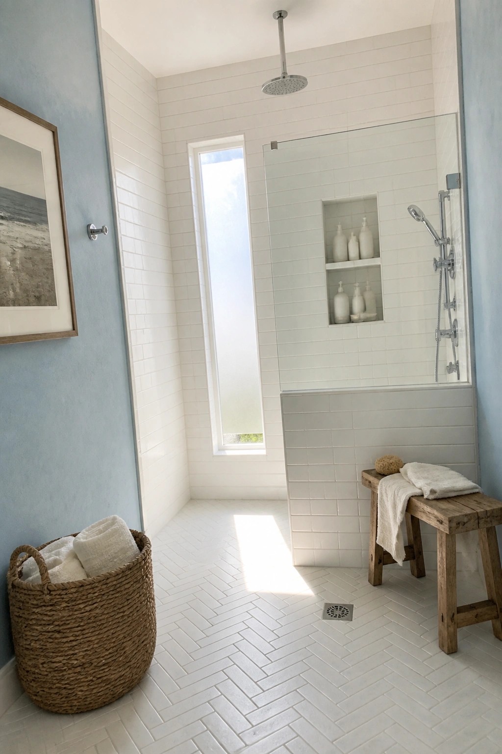 Modern white-tiled shower with rainfall head, wooden bench, woven basket, and frosted window.