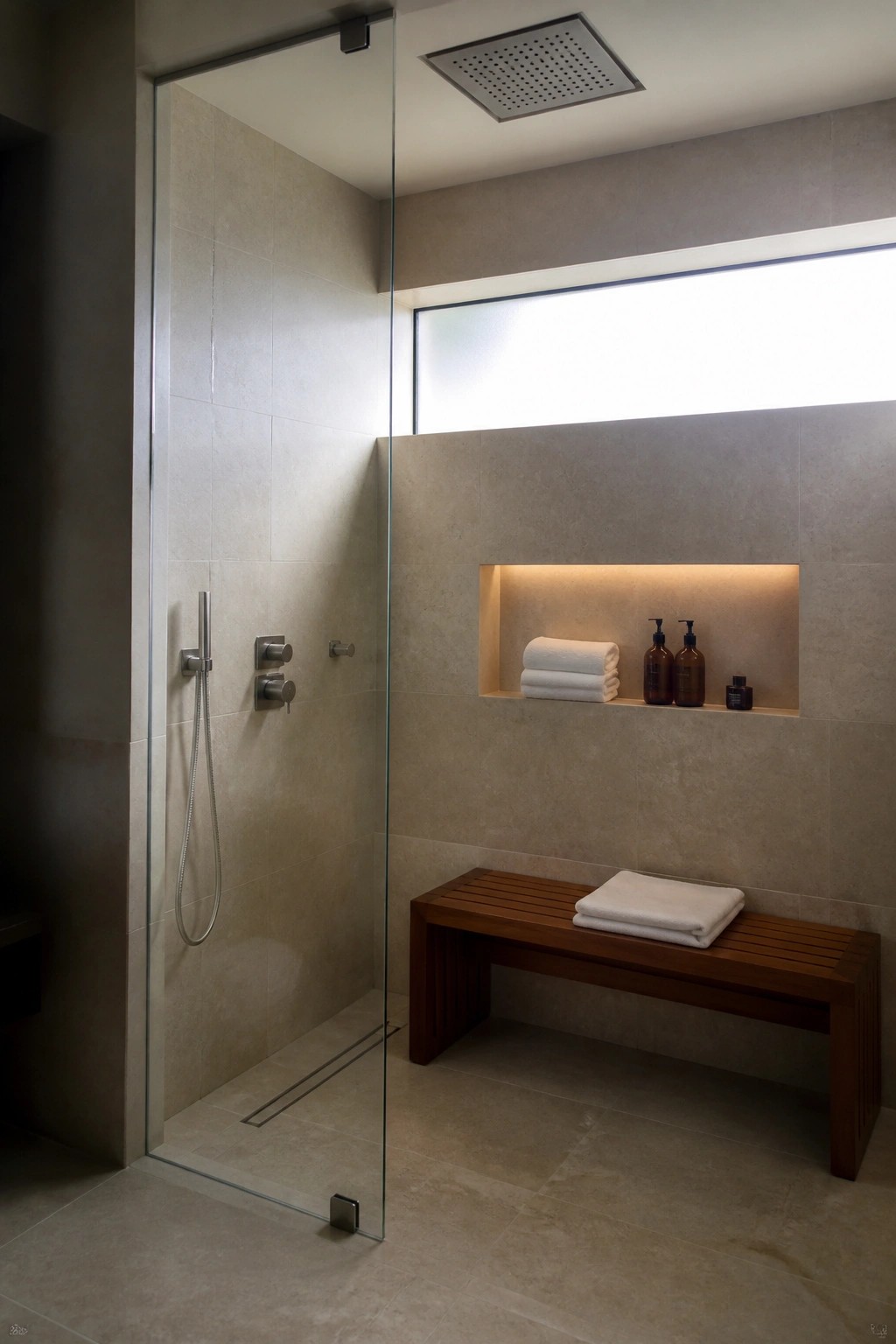 A modern walk-in shower with beige tile walls, a large square rainfall showerhead, glass enclosure, lit recessed niche with towels and bottles, and a wooden bench holding folded towels.
