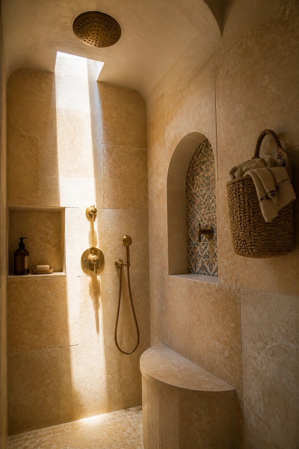 A shower interior with beige stone tiles, a brass rainfall showerhead on the ceiling, a handheld wand, and built-in niches.