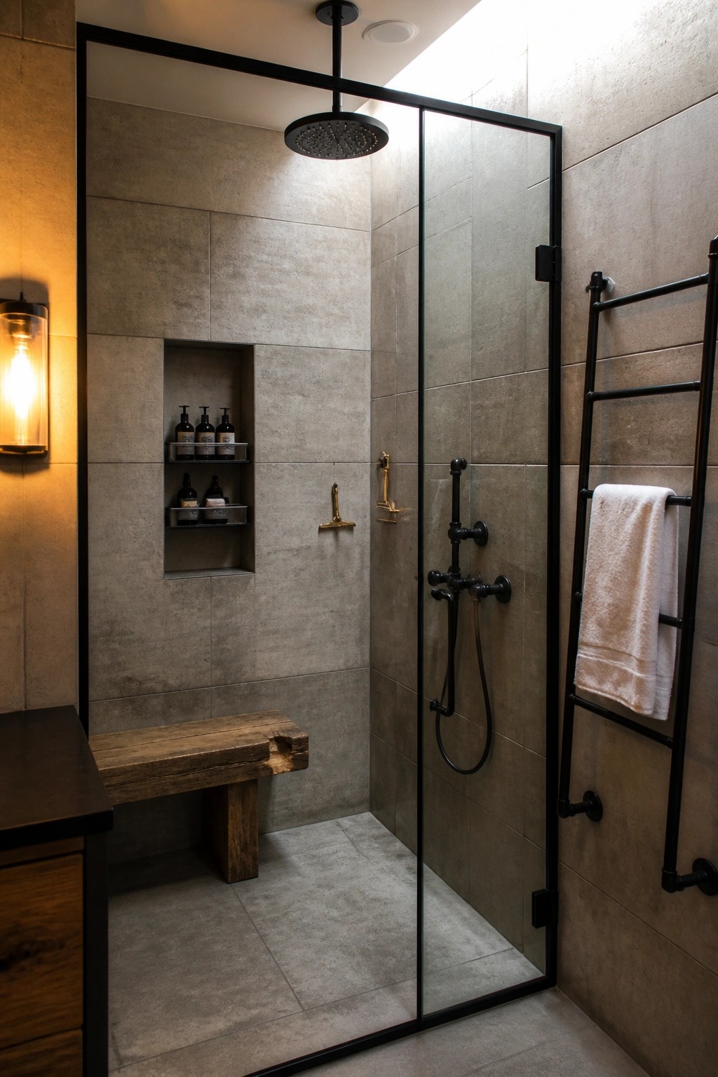 Modern gray-tiled shower with black frame, rain head, wooden bench, and towel ladder.