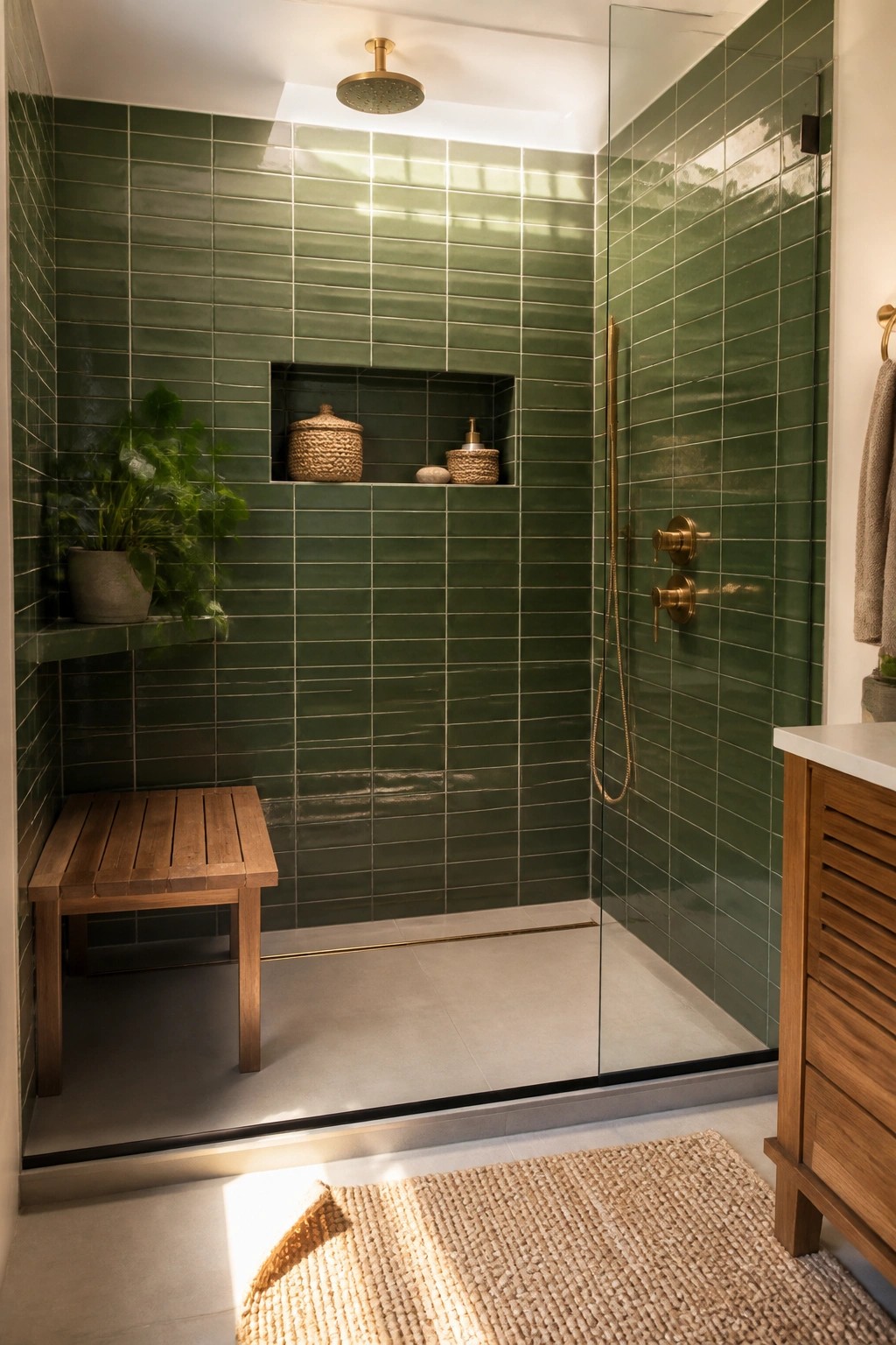 Modern green-tiled shower with wooden bench, brass fixtures, niche, and woven rug.