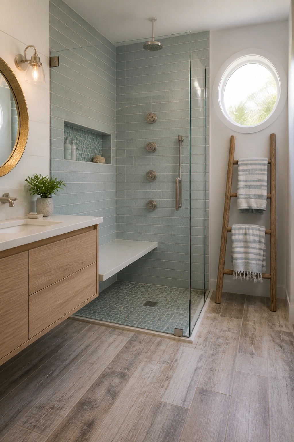 A modern walk-in shower with light blue tiled walls, a glass door, multiple body sprays in a vertical line, a rain head, a white bench, and a recessed niche.