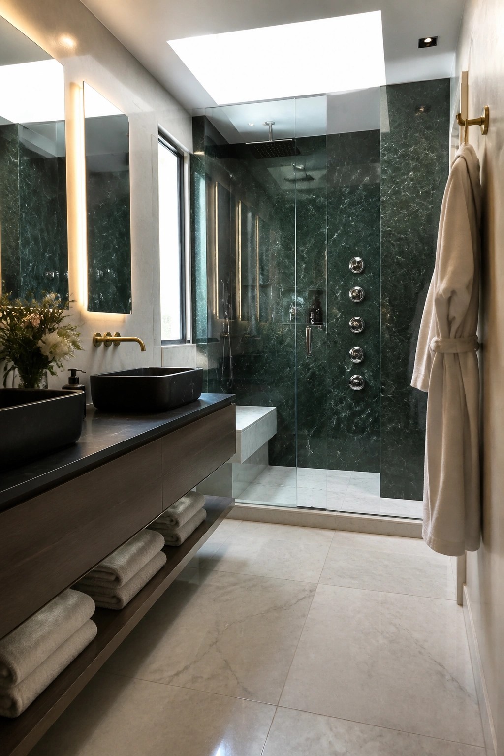 A luxury bathroom with a glass shower enclosure featuring multiple body sprays on dark green marble walls, black vessel sinks on a wood vanity, and a beige robe hanging on the side wall.