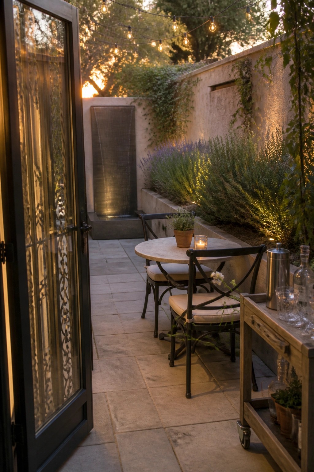 Evening patio with round stone table, black chairs, wall fountain, string lights, and open door.