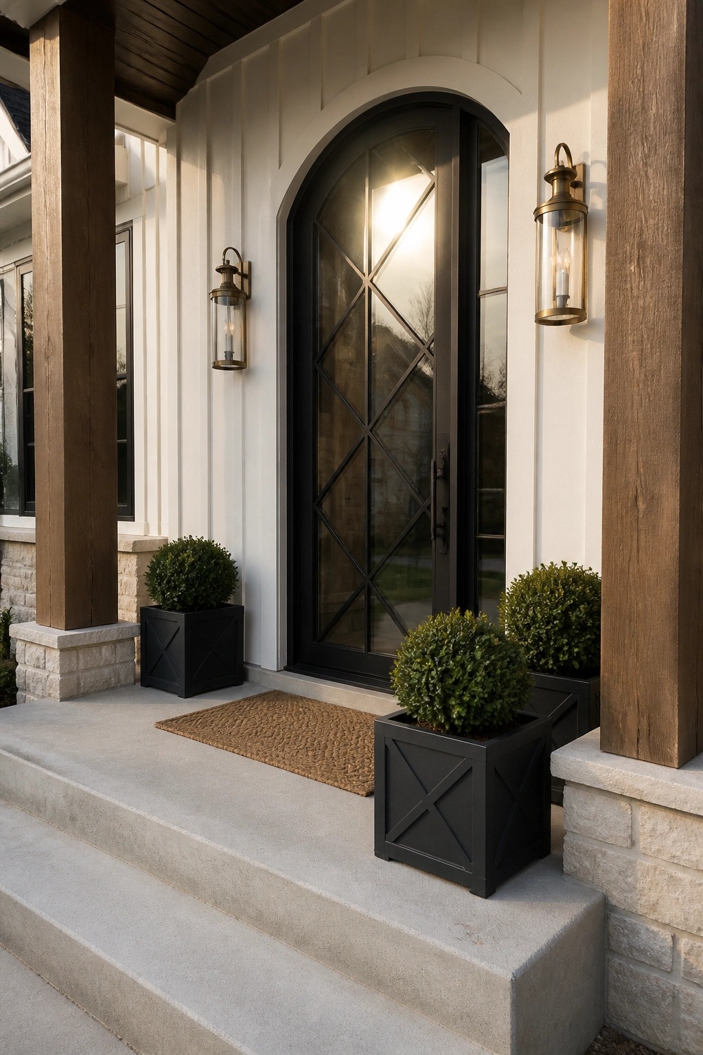 Front entrance of a house showing an arched black door with diamond-pattern metal grille on the glass, flanked by two wall-mounted lanterns and black square planters with shrubs on concrete steps.