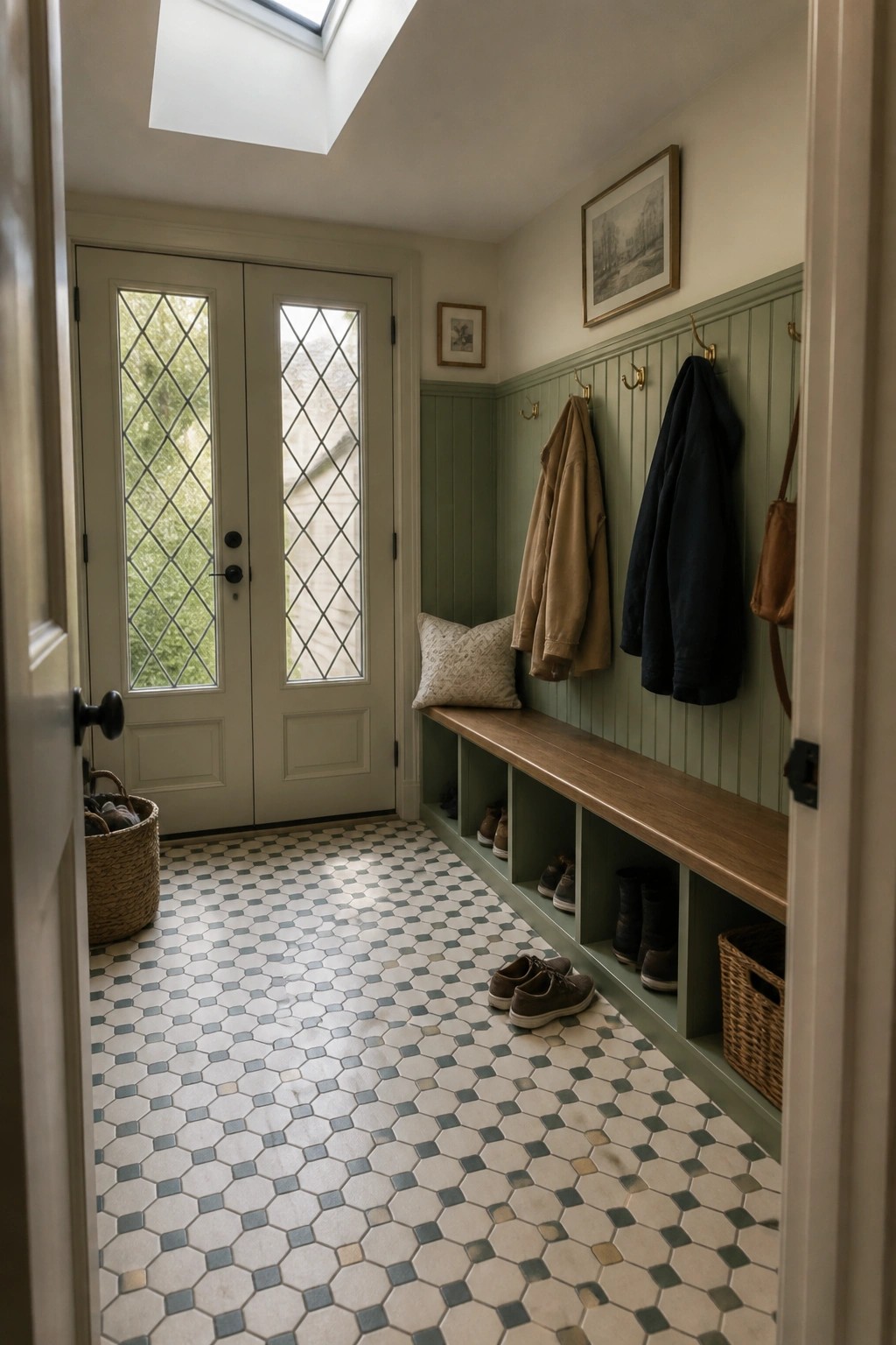 Interior view of a mudroom showing double doors with diamond-patterned glass and metal grilles, a long wooden bench with storage cubbies, and patterned tile flooring.