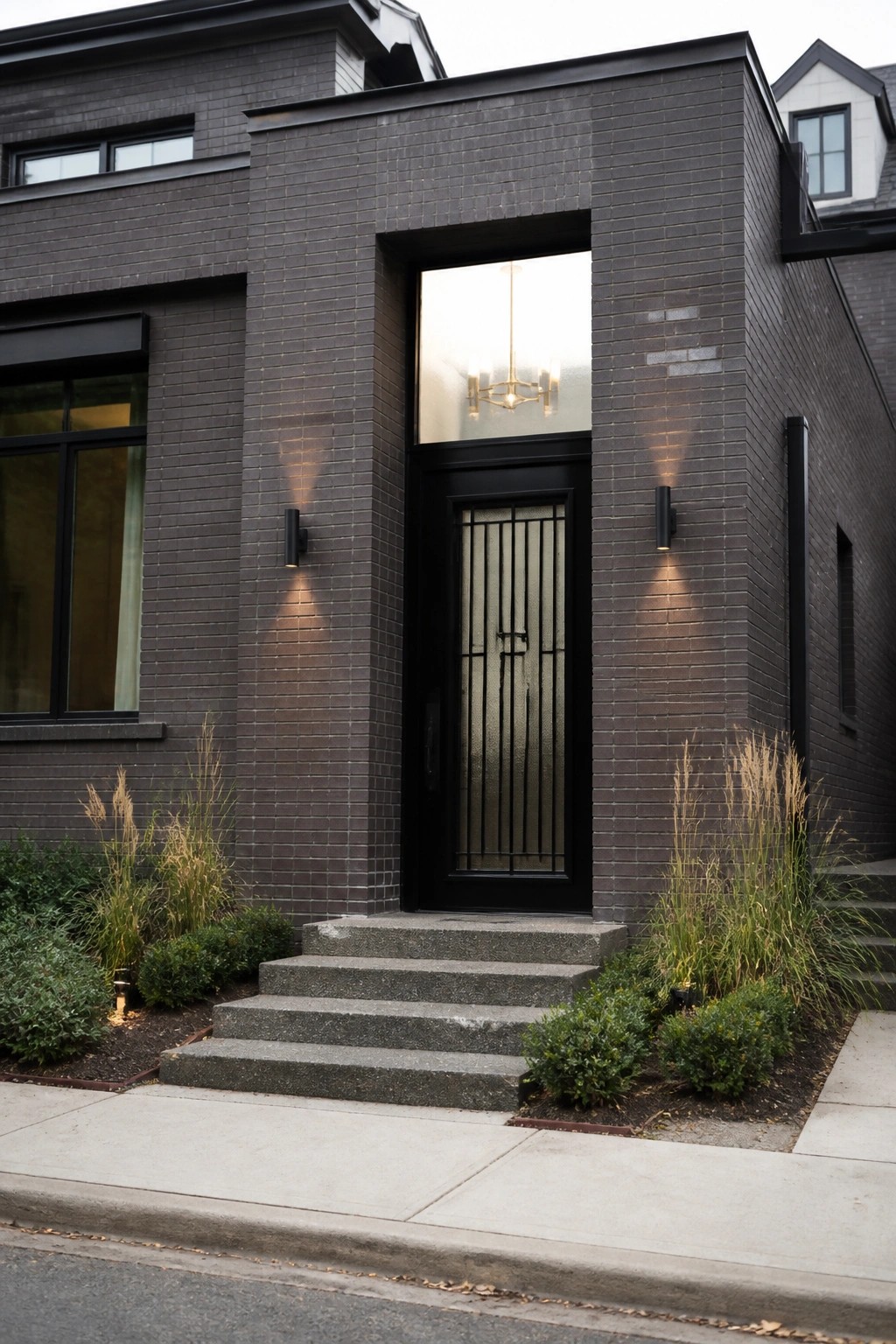 Modern dark brick house entrance with black door, steps, and wall sconces