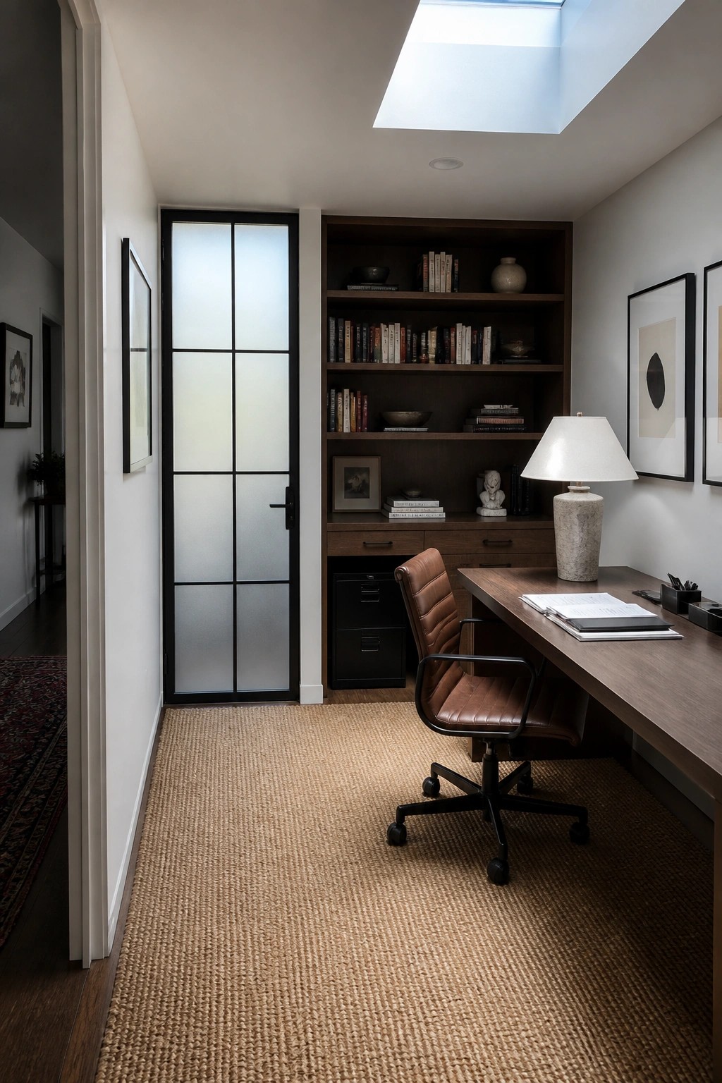 Modern home office with leather chair, wooden desk, bookshelves, and skylight.