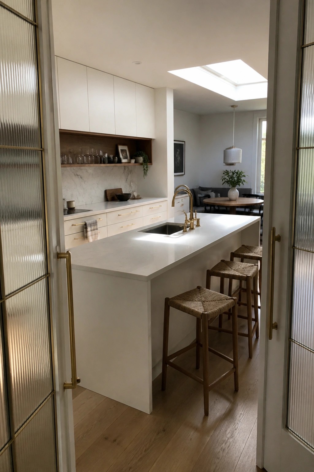 Modern kitchen with white marble island, brass sink, and woven wooden stools