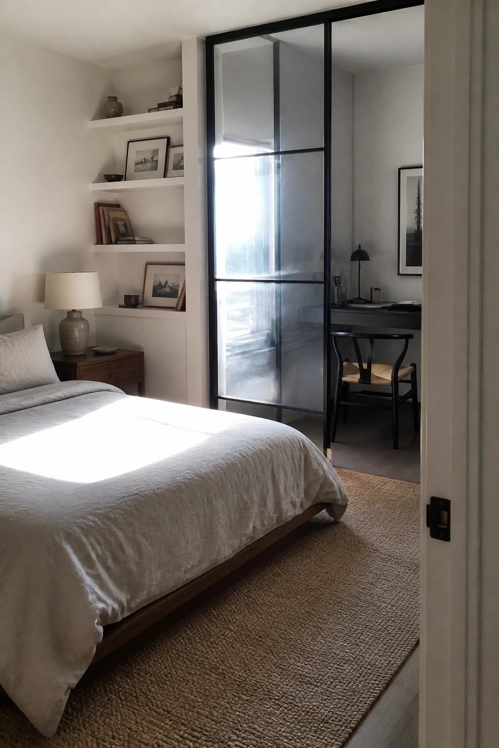 Sunlit bedroom with white bedding, wooden bed frame, built-in shelves, and glass door