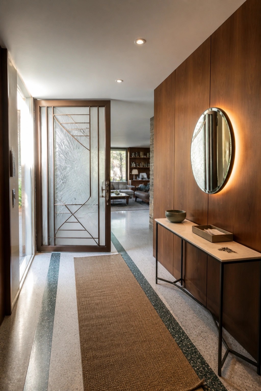 An interior hallway with a decorative glass door featuring custom metal grilles standing open to reveal a living room beyond, alongside wood paneling and a terrazzo floor.