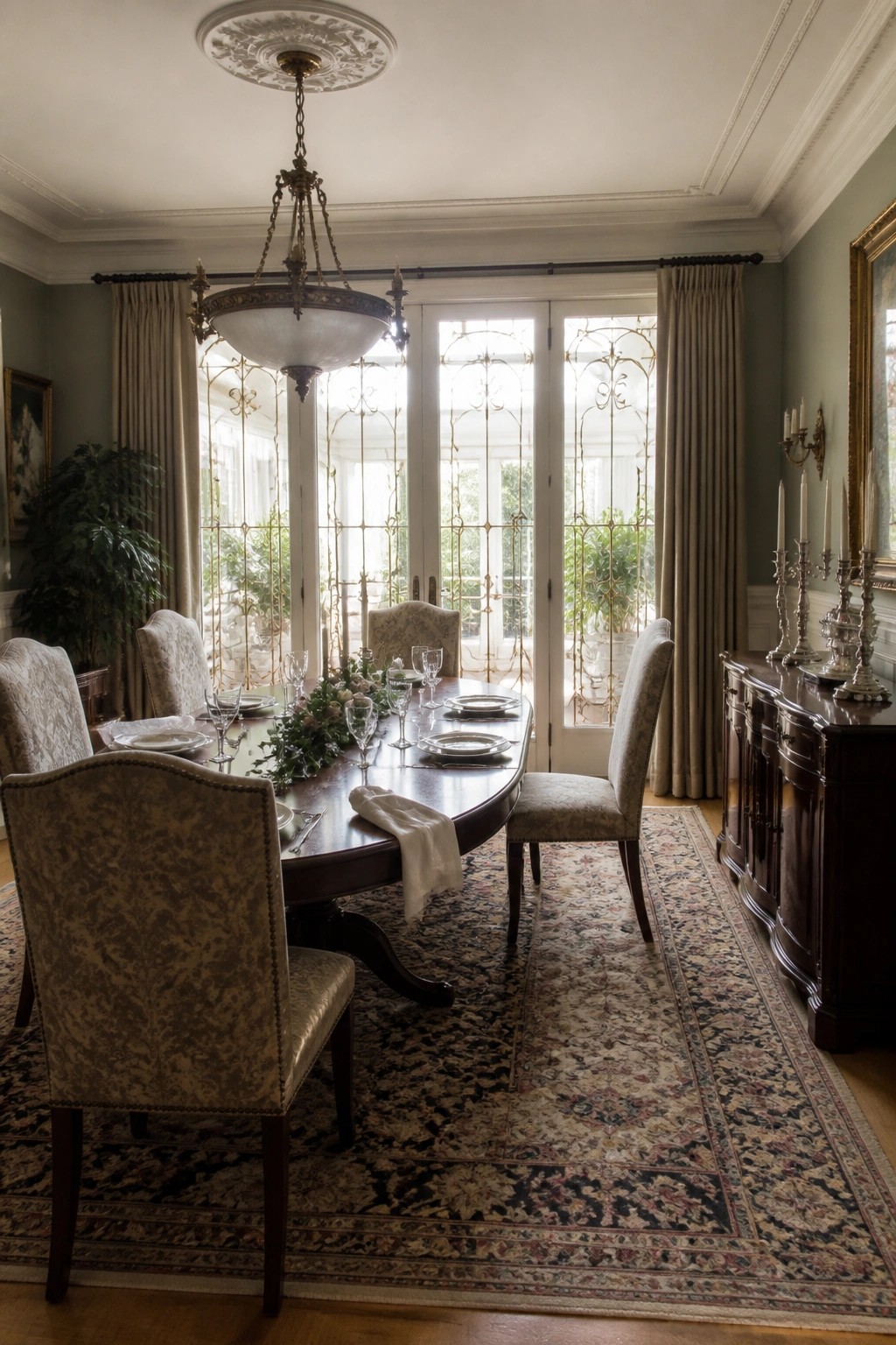 A formal dining room with a long wooden table set with plates and glassware, and French doors with decorative metal grilles visible in the background.