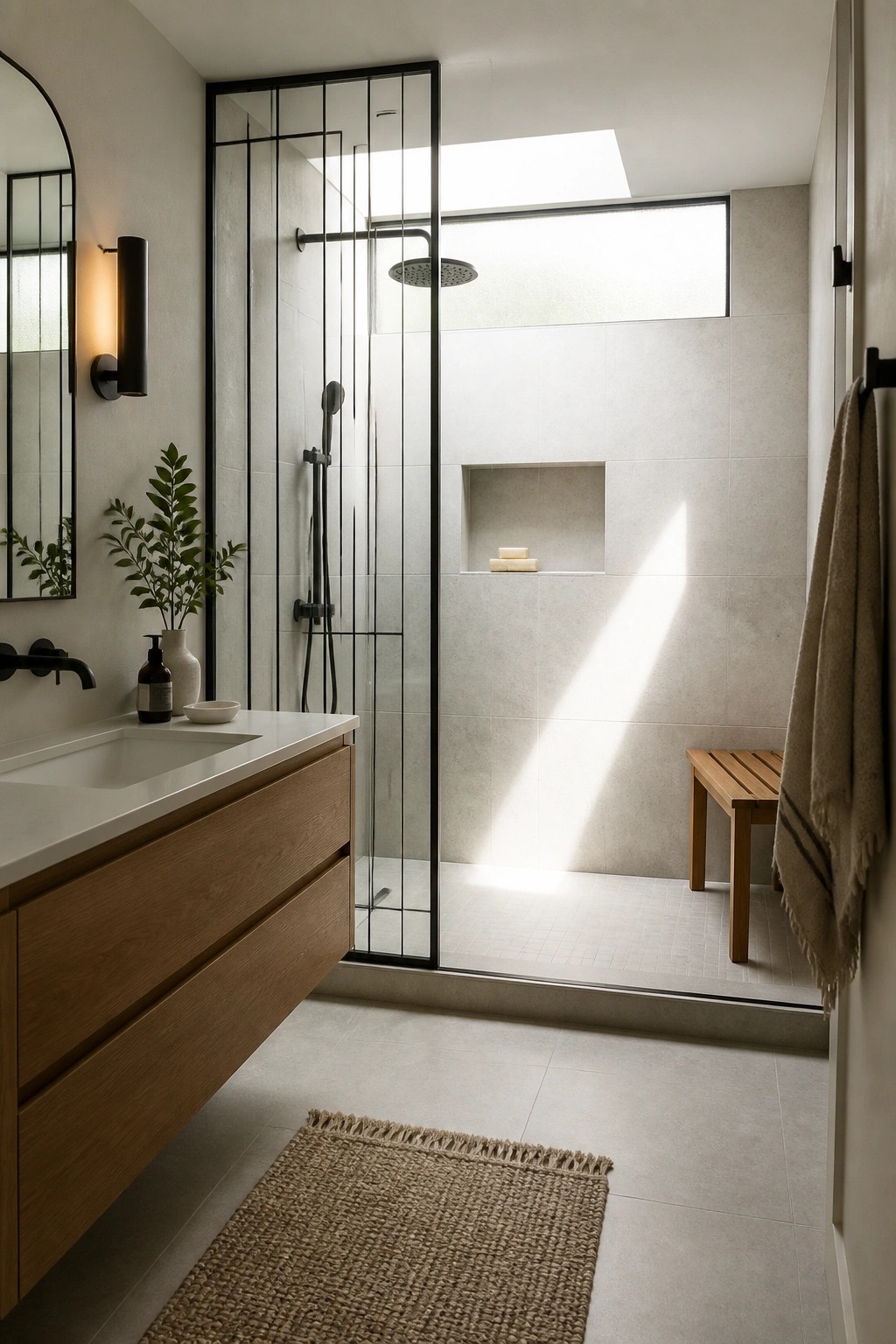 A modern bathroom featuring a glass shower enclosure with black metal grid frames, a floating wood vanity, and a skylight above.