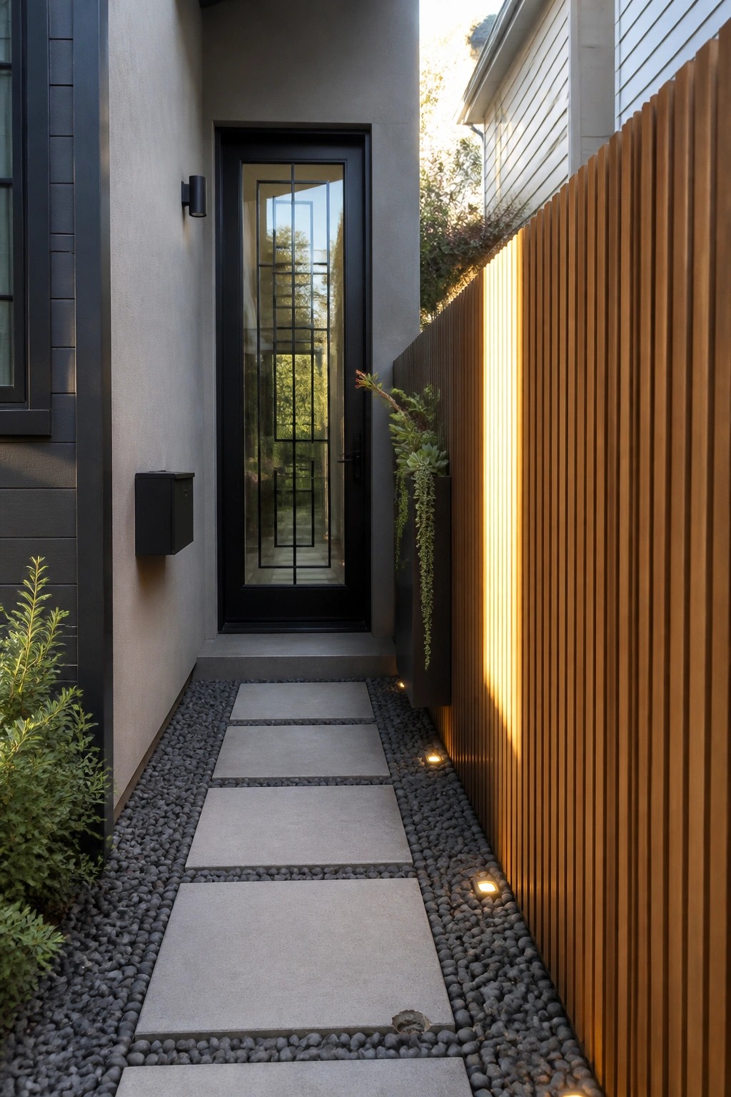 Narrow stepping-stone path to black modern door beside sunlit vertical wood fence.